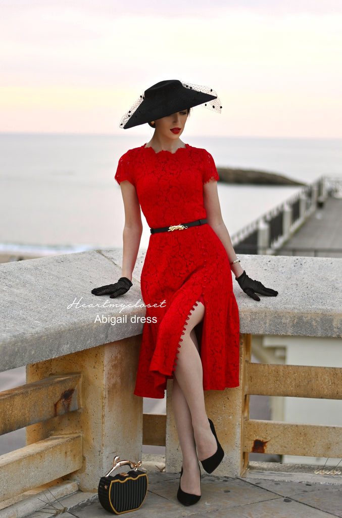 Abigail- red lace dress with pearl buttons (no belt)