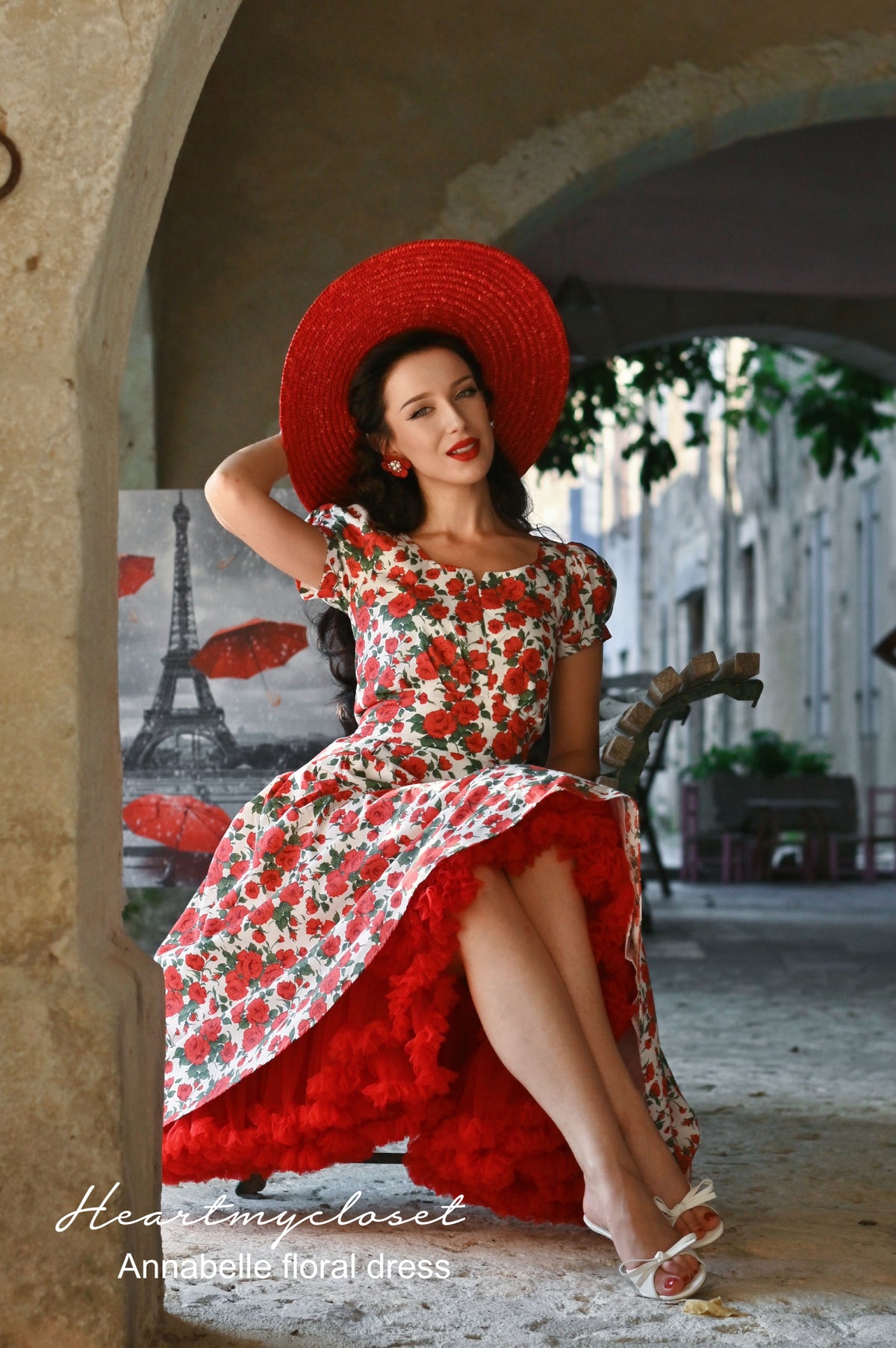 Annabelle cotton dress- red floral swing dress 1950s inspired - heartmycloset