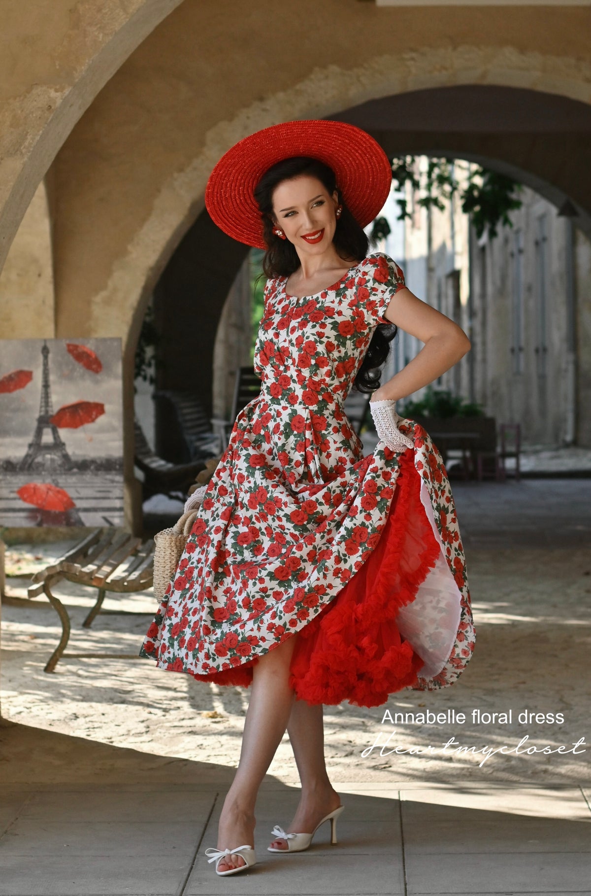 Annabelle cotton dress- red floral swing dress 1950s inspired - heartmycloset