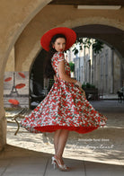 Annabelle cotton dress- red floral swing dress 1950s inspired - heartmycloset