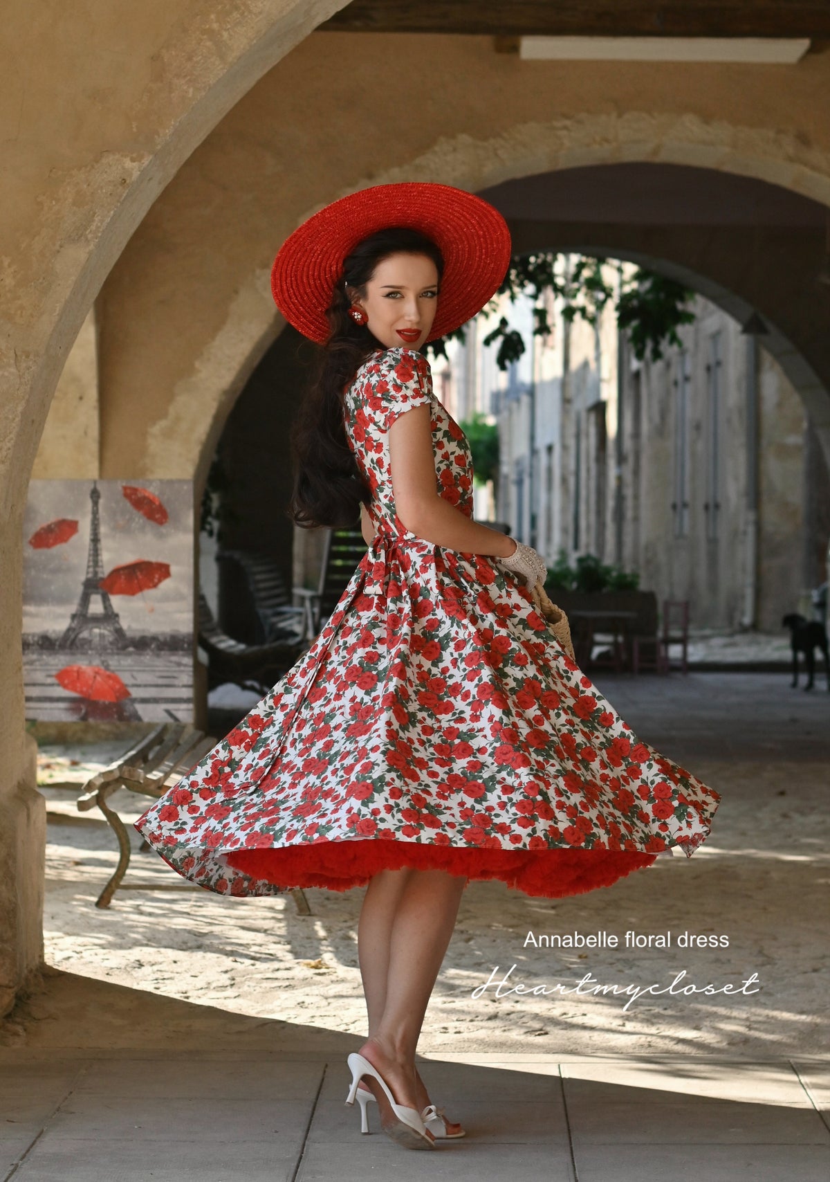 Annabelle cotton dress- red floral swing dress 1950s inspired - heartmycloset