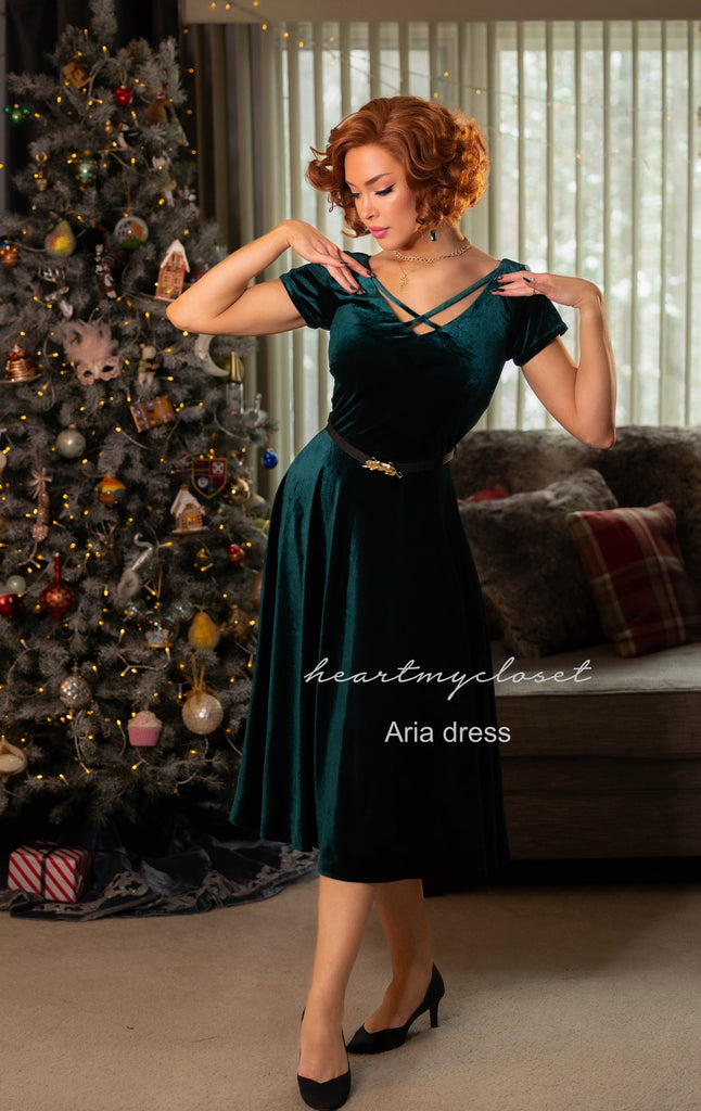 Aria velvet swing dress- 1940s 1950s vintage wiggle dress movie inspired - heartmycloset