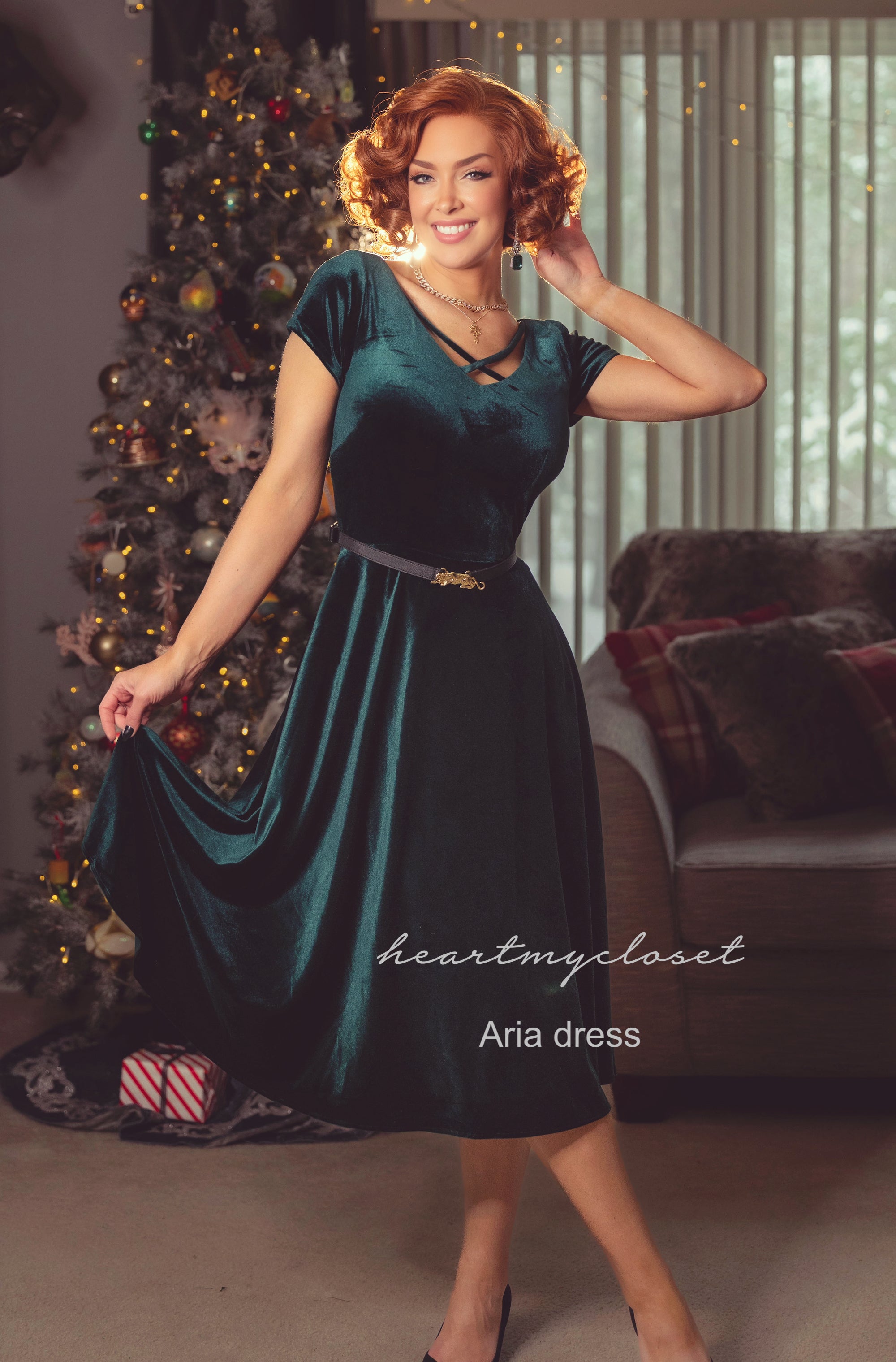 christmas wiggle dress Retrolicious Christmas Tree Cat Cotton Greta Swing Dress Unique Vintage