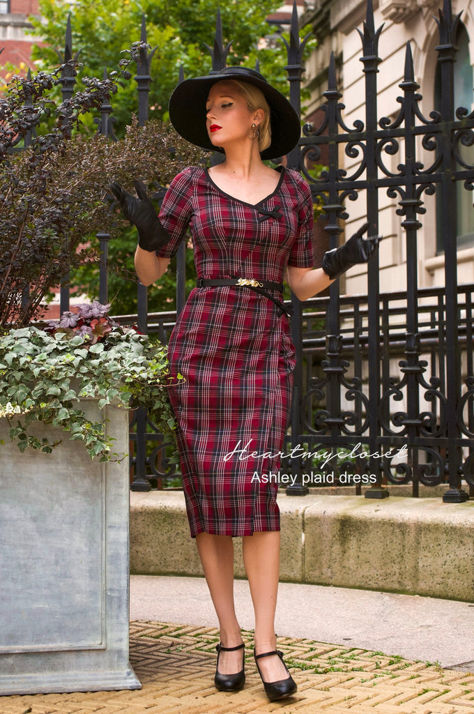 Ashley plaid with belt - retro vintage bow dress pencil