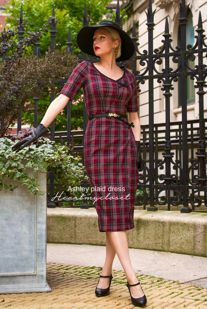 Ashley plaid with belt - retro vintage bow dress pencil