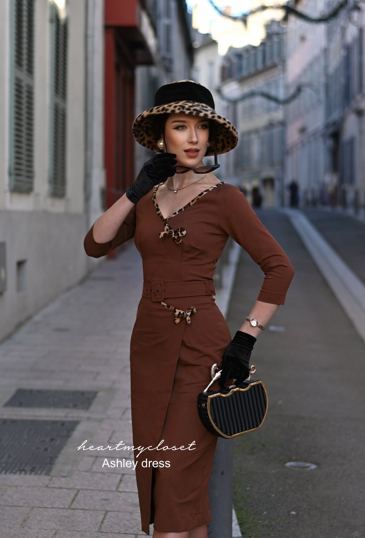 Ashley leopard - retro vintage bow dress pencil - heartmycloset