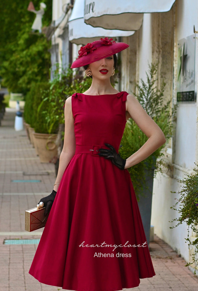 red dress vintage clothing 1940s or Early 1950s Venetian (brick to Rust Terracotta) Shoulder Pads Mid Calf Cross Heart V Neck Wing Collar Fit & Flare Fabric Content Vintage Red Reindeer Hem Print