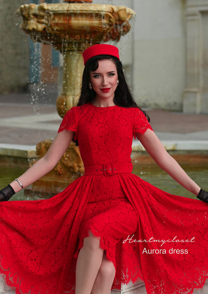 Red Lace Aurora pencil dress with removable skirt wrap