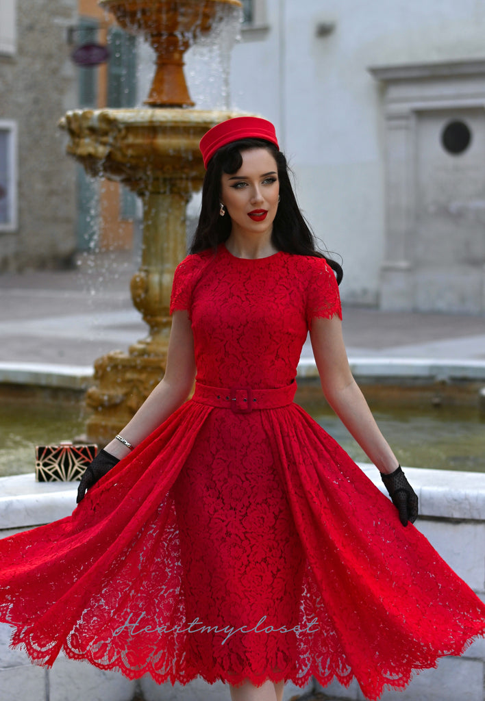 Red Lace Aurora pencil dress with removable skirt wrap
