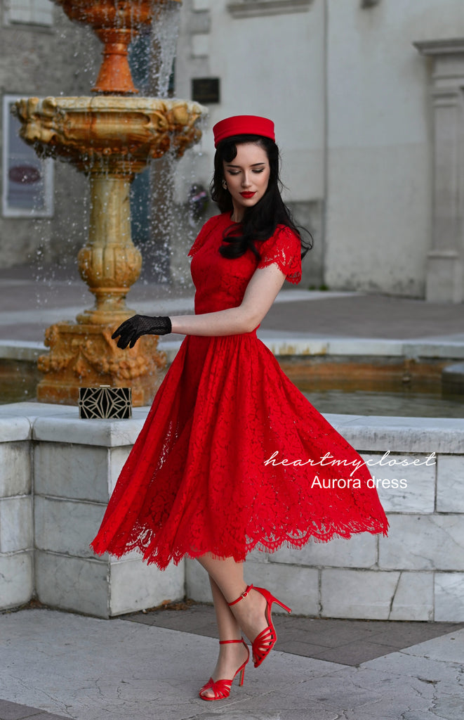 Red Lace Aurora pencil dress with removable skirt wrap