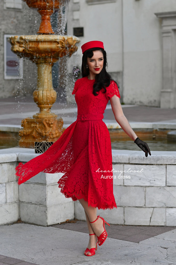 Red Lace Aurora pencil dress with removable skirt wrap
