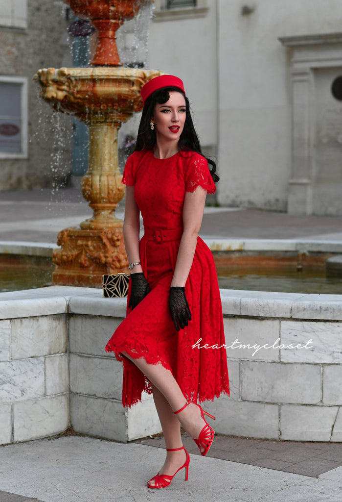 Red Lace Aurora pencil dress with removable skirt wrap