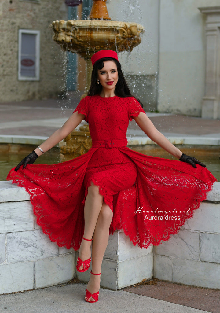 Red Lace Aurora pencil dress with removable skirt wrap