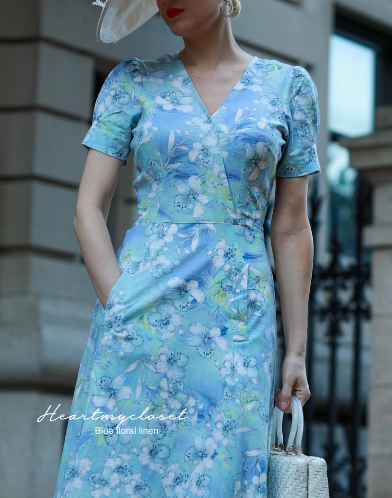 Blue floral linen casual Aline dress