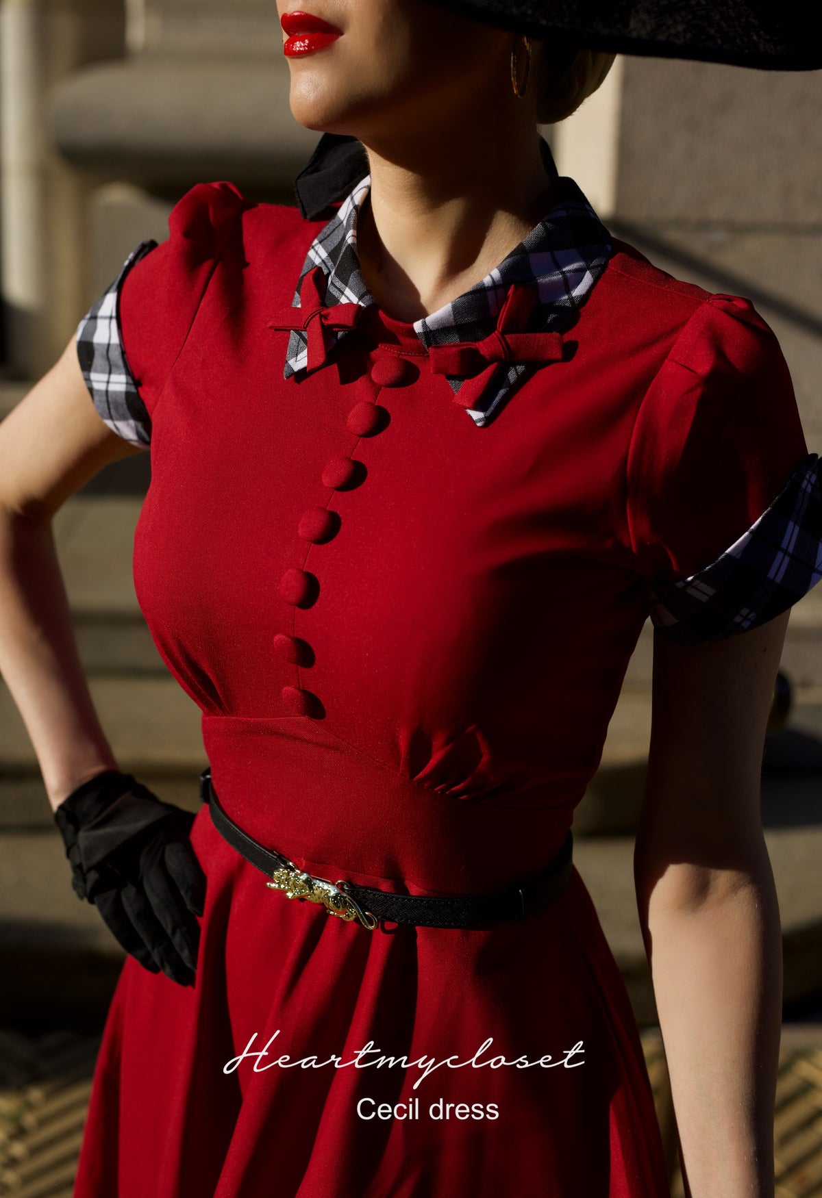 CECIL with belt - red bow dress with checkered - heartmycloset