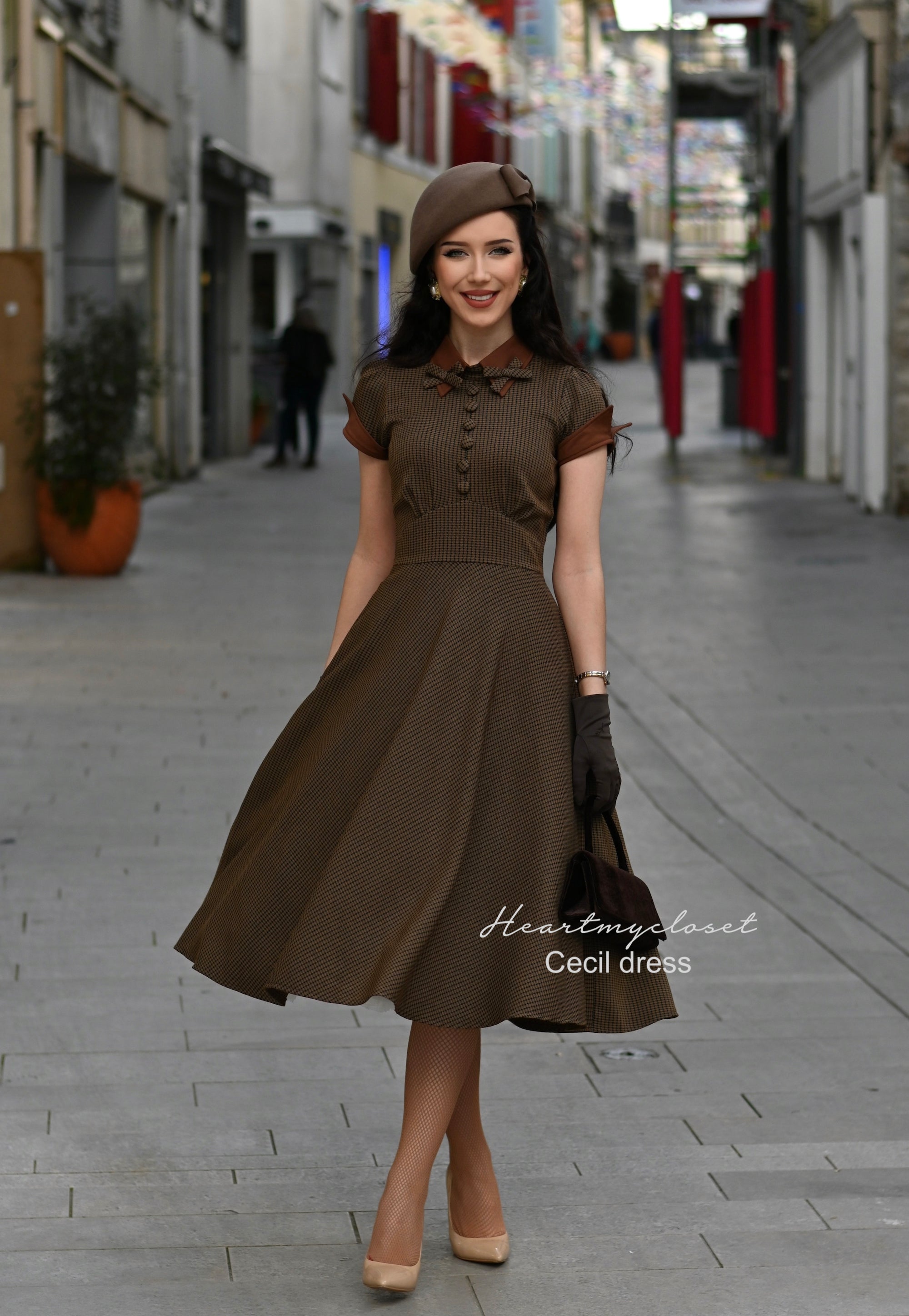 Cecil - brown 1950s houndstooth dress
