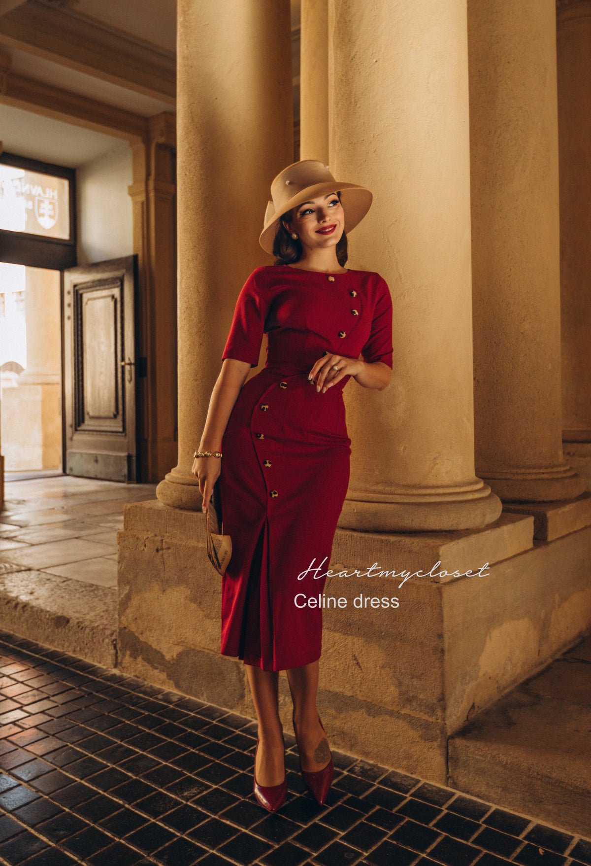 Celine- 1950s pencil dress with leopard velvet buttons - heartmycloset