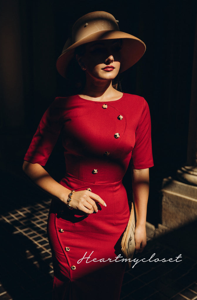 Celine- 1950s pencil dress with leopard velvet buttons