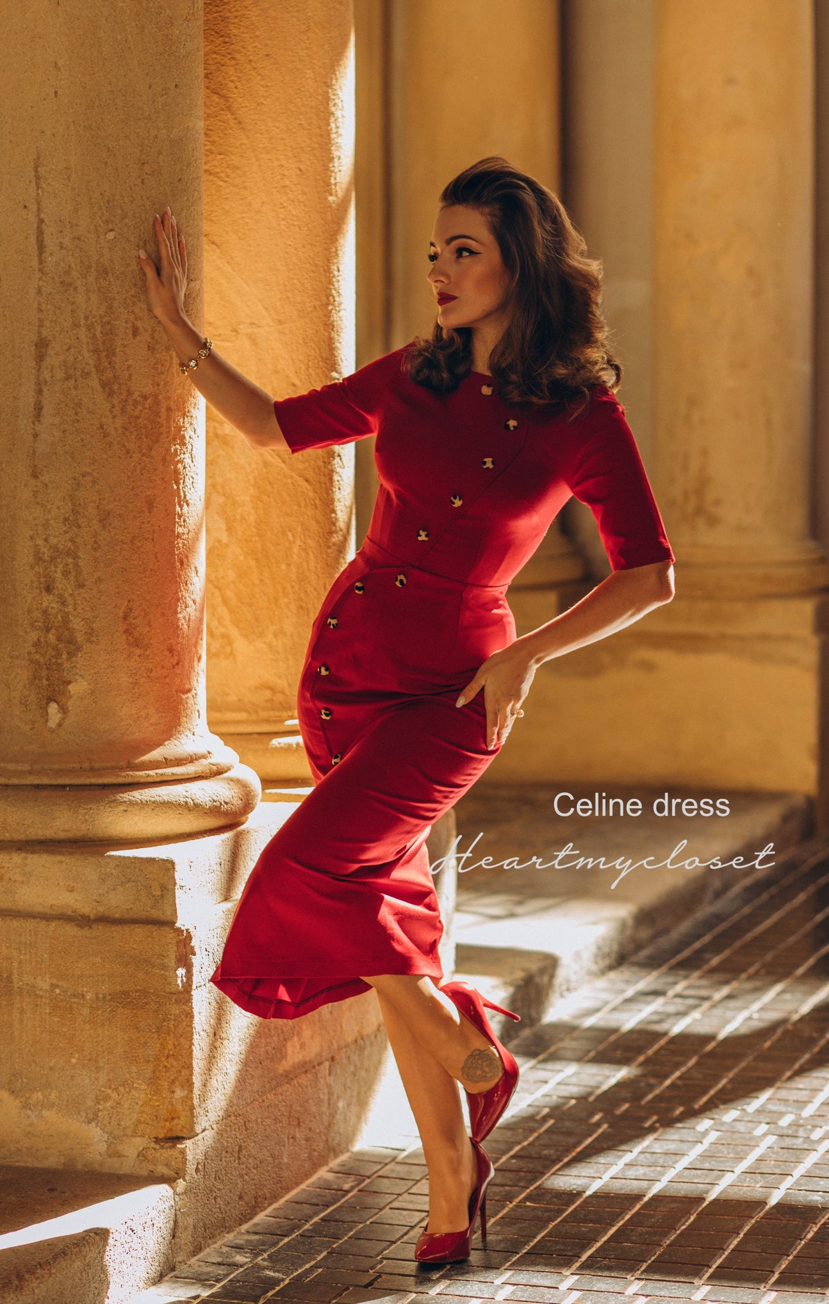 Celine- 1950s pencil dress with leopard velvet buttons - heartmycloset