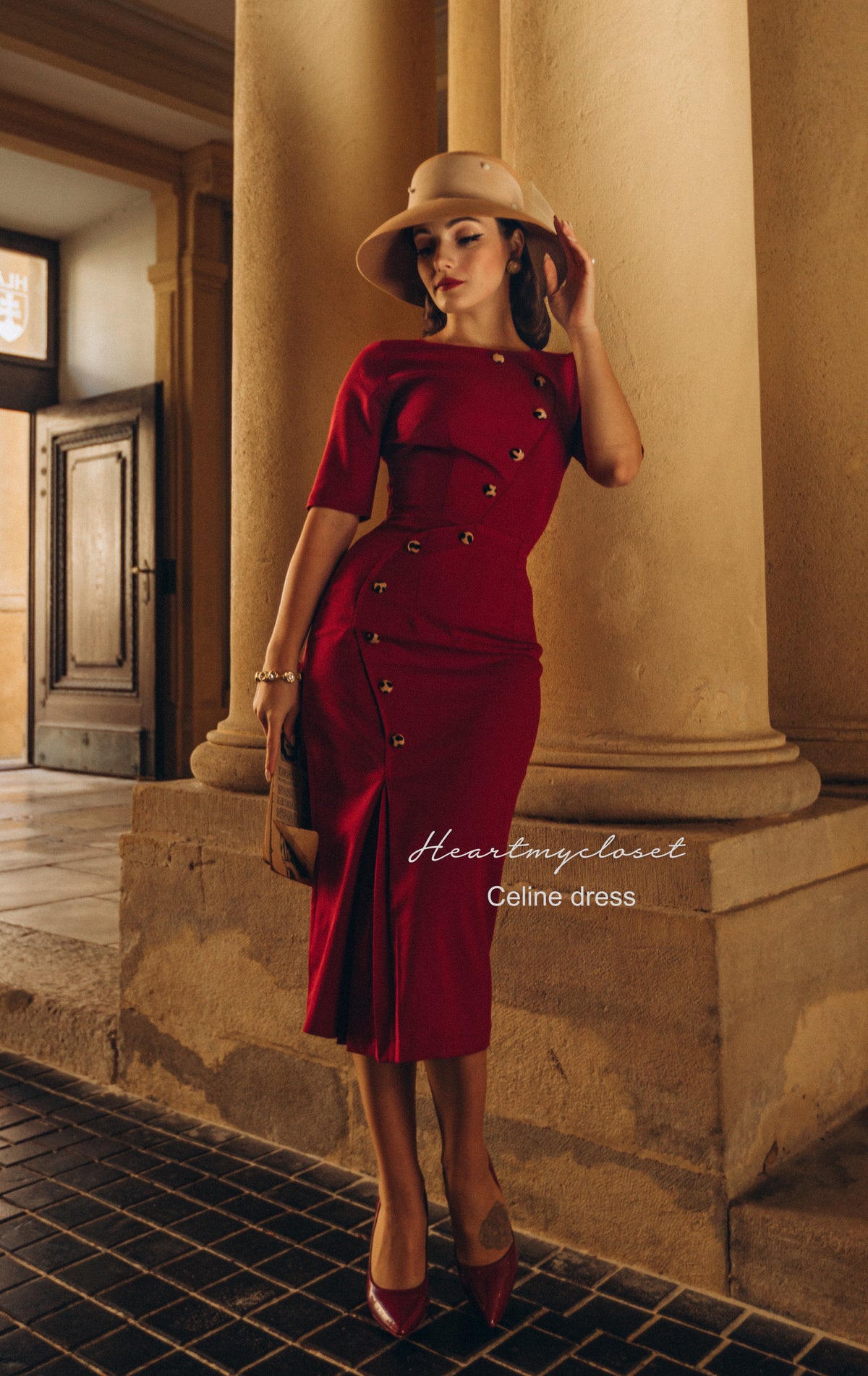 Celine- 1950s pencil dress with leopard velvet buttons - heartmycloset