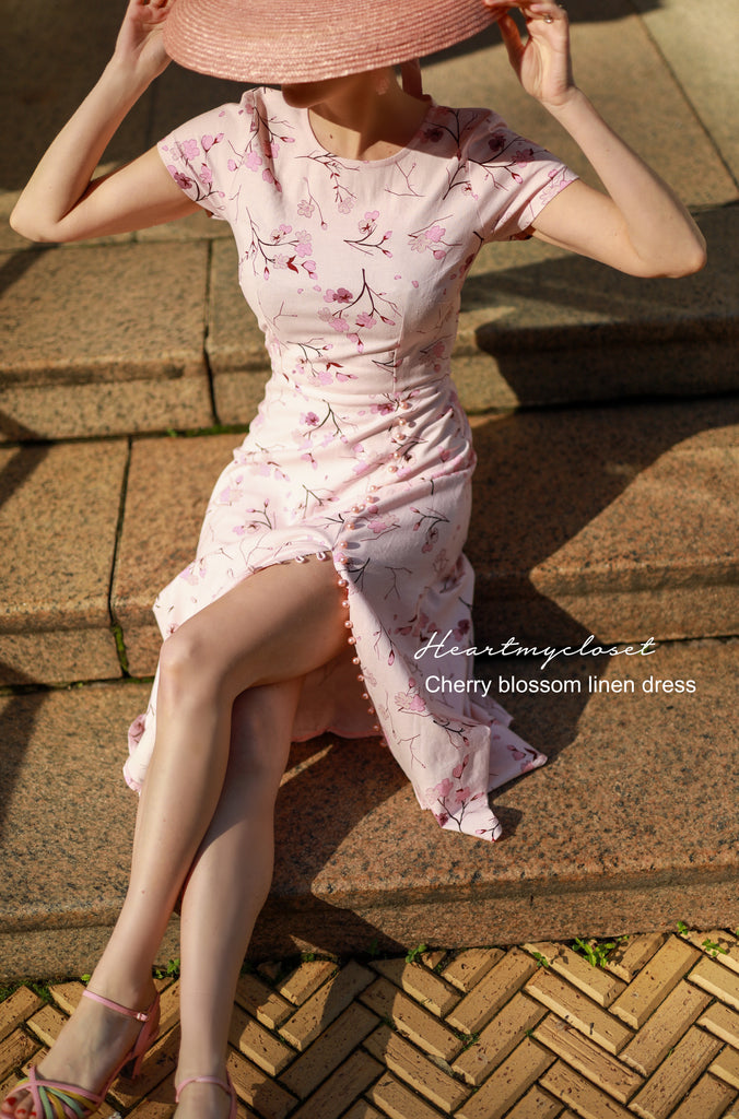 Abigail - Cherry Blossom linen dress - pearl buttons Aline skirt