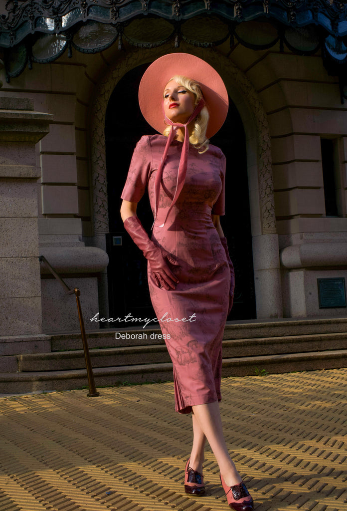 pink Toile De Jouy Deborah - pleated back pencil dress - heartmycloset