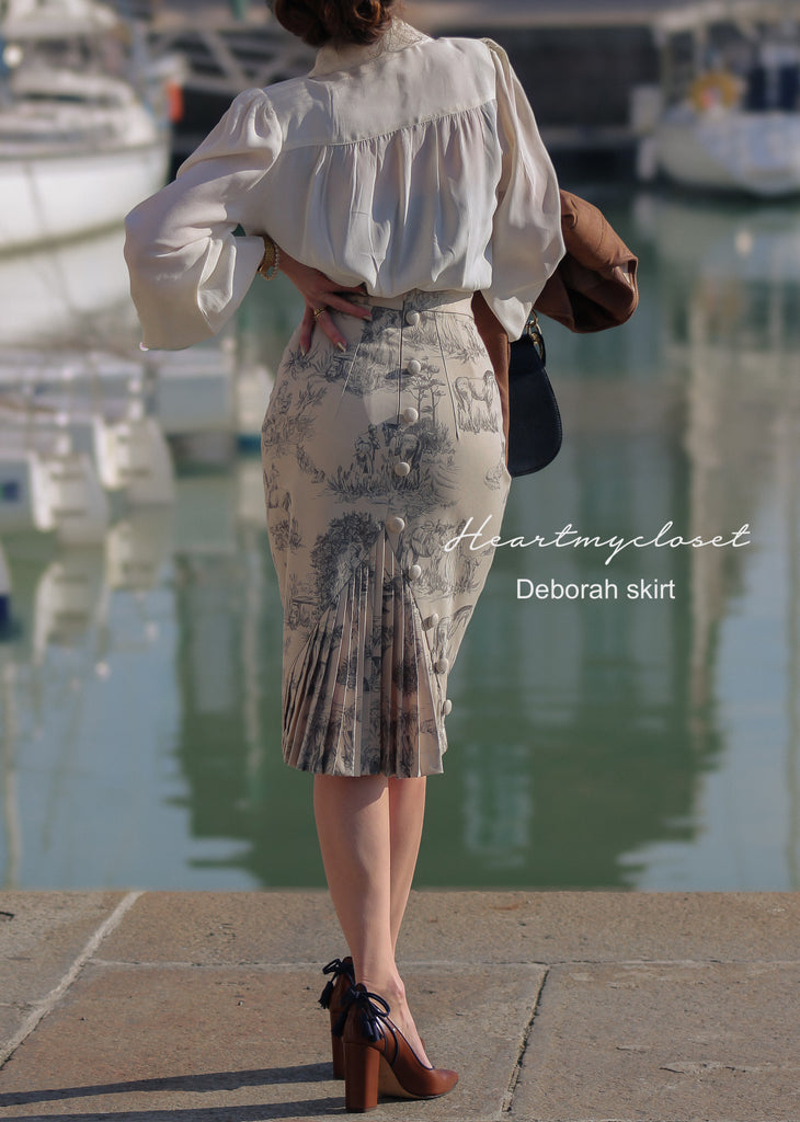 Deborah skirt toile de jouy - pencil skirt with pleats - heartmycloset