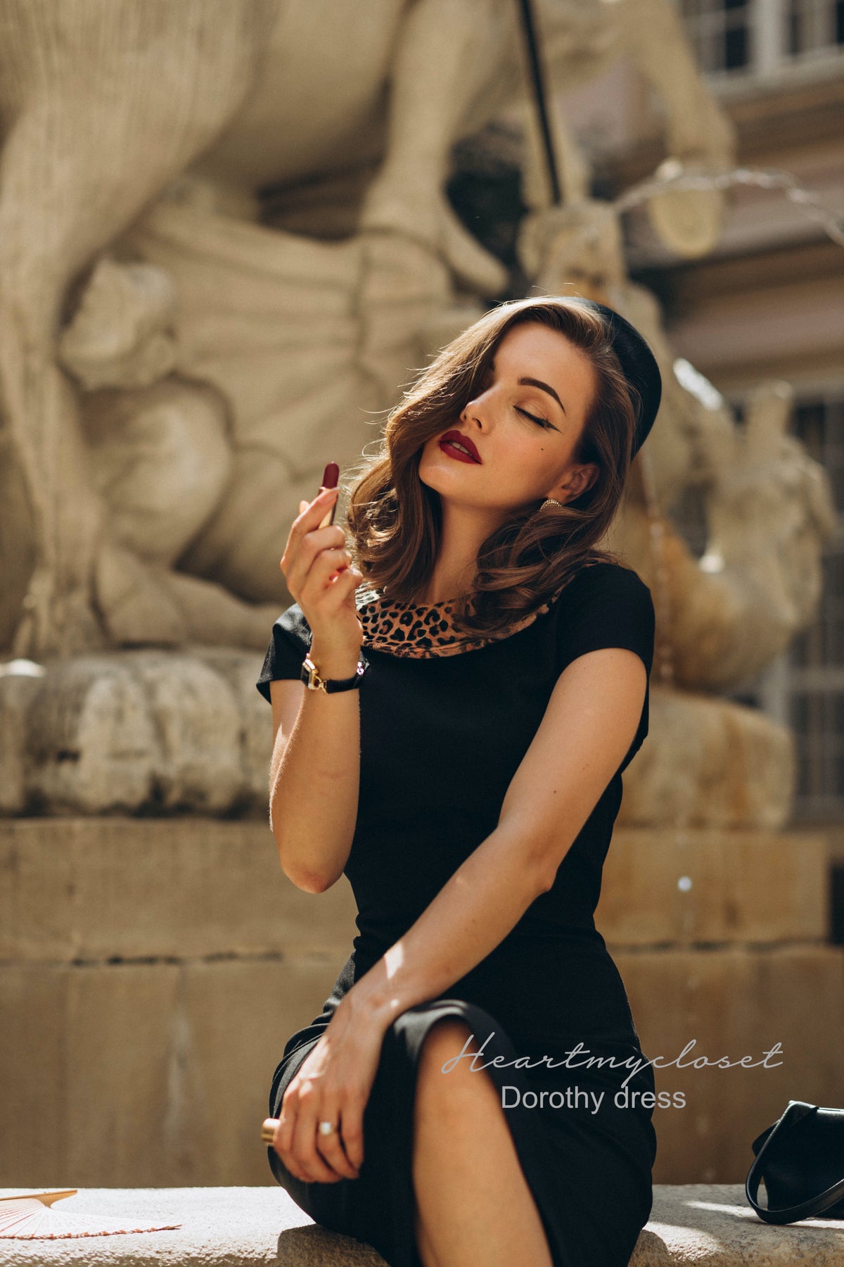 Dorothy with leopard trim- retro vintage pencil dress bow back - heartmycloset
