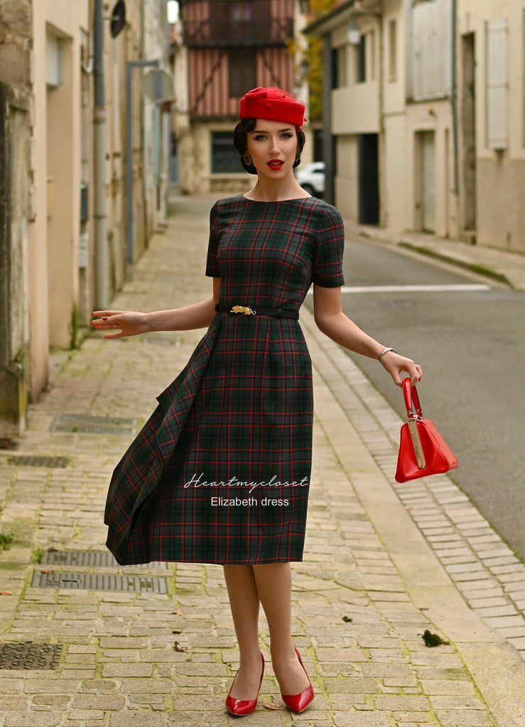 Elizabeth - wool blend plaid draped dress - heartmycloset