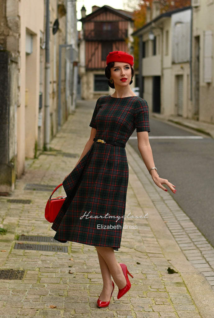 Elizabeth - wool blend plaid draped dress - heartmycloset