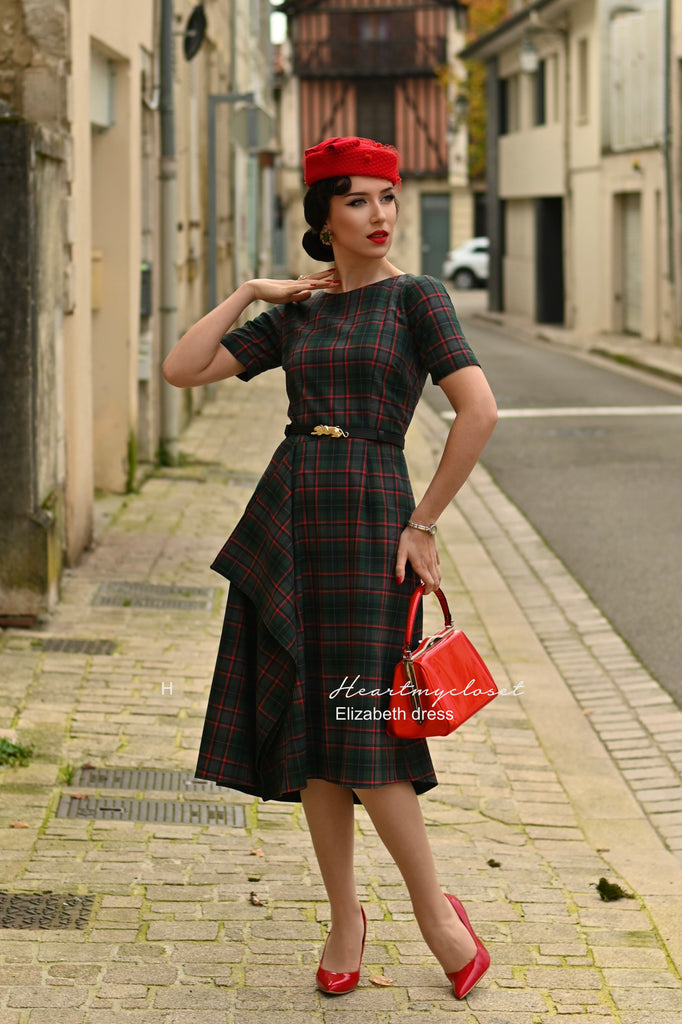 Elizabeth - wool blend plaid draped dress - heartmycloset