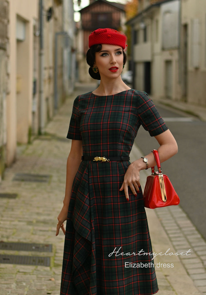 Elizabeth - wool blend plaid draped dress - heartmycloset