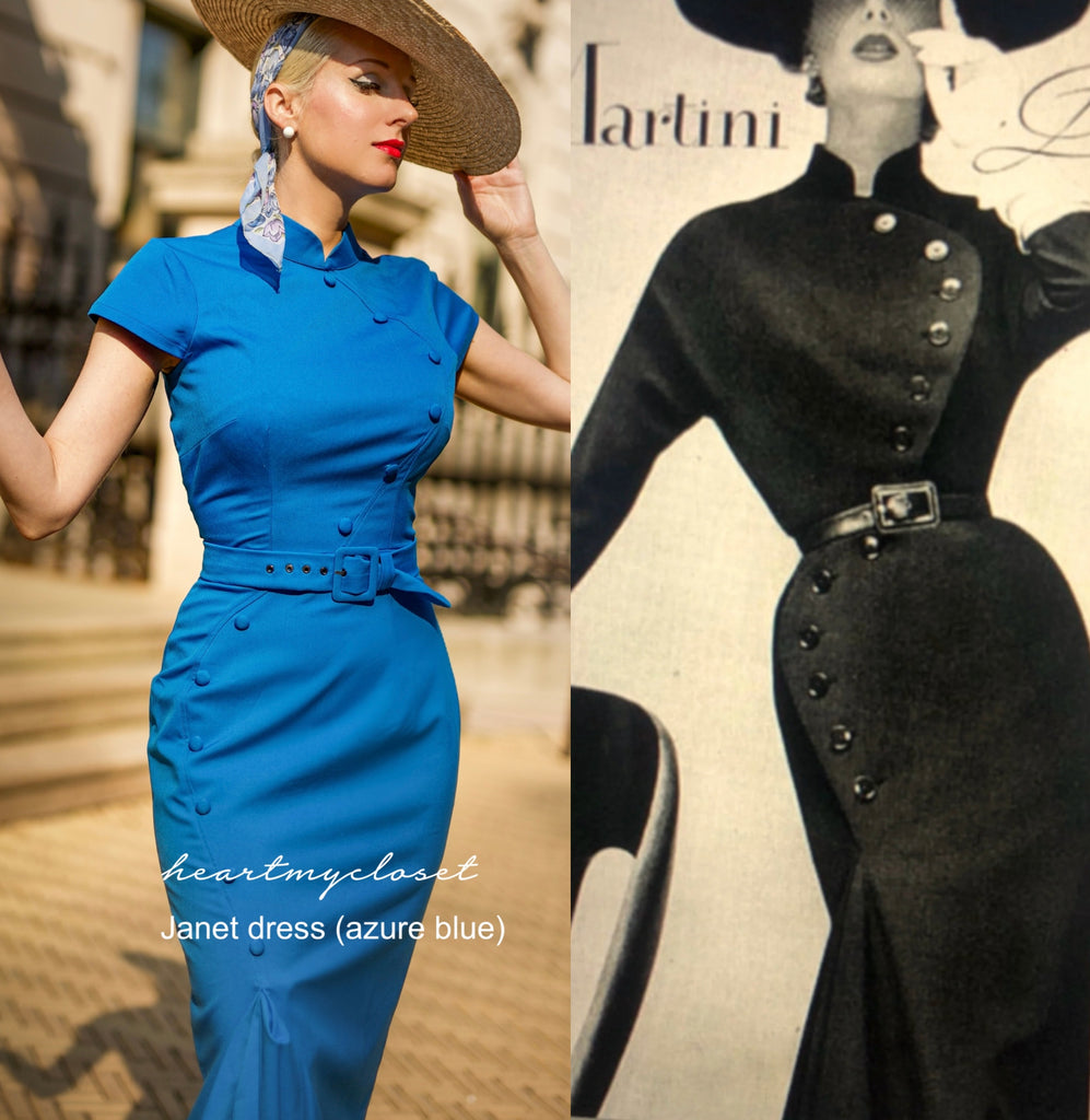 JANET - 1950s pencil dress with contrast trim & buttons