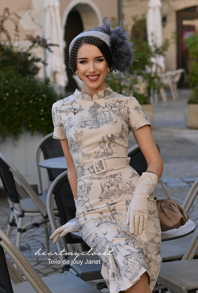 Toile de jouy Janet - 1950s pencil dress with pleat front - heartmycloset