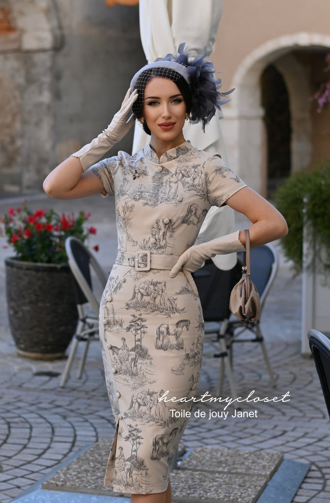 Toile de jouy Janet - 1950s pencil dress with pleat front