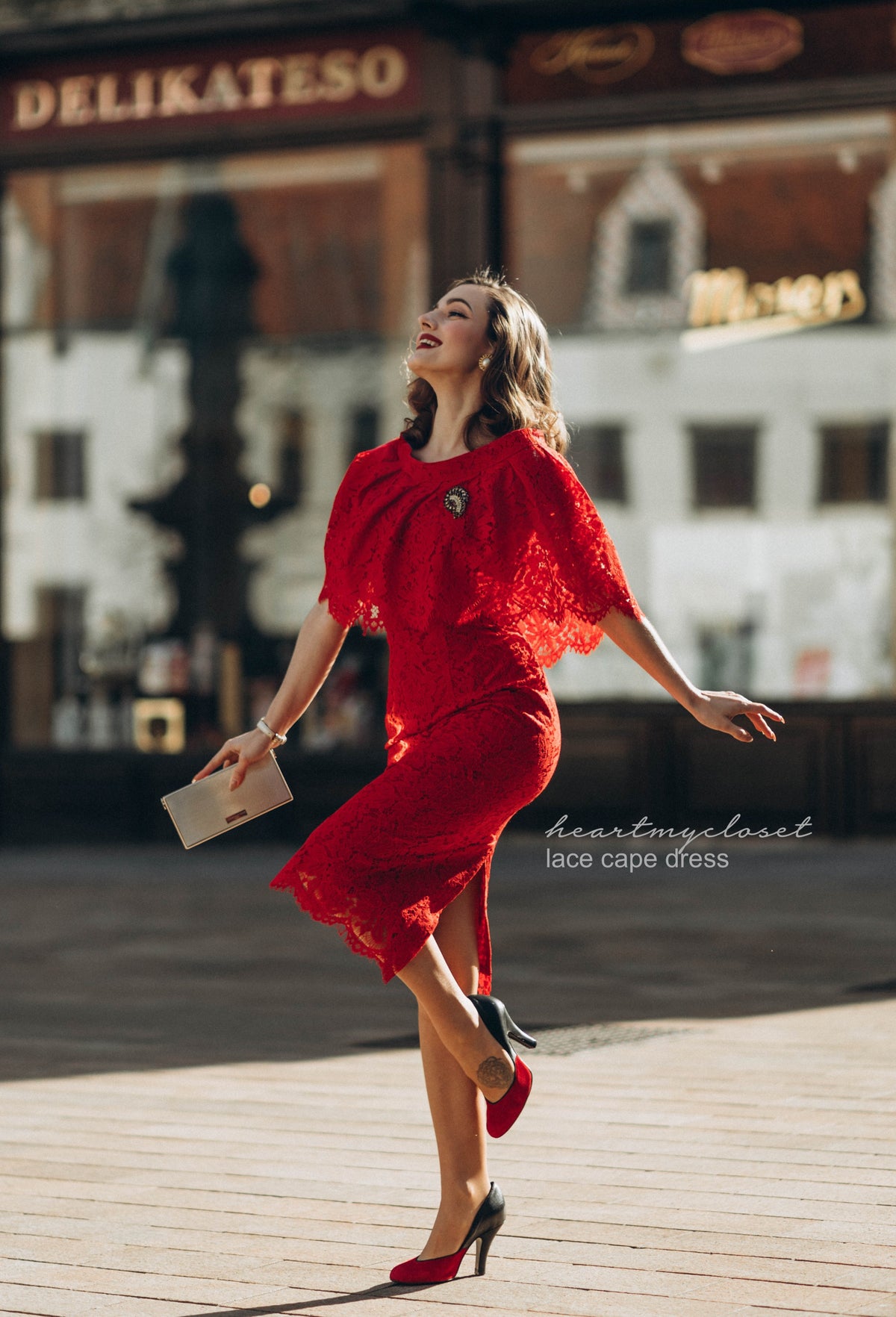 Red Lace Cape + dress - 50s 60s lace pencil dress with matching cape - heartmycloset