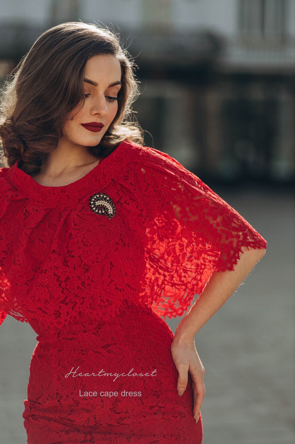 Red Lace Cape + dress - 50s 60s lace pencil dress with matching cape - heartmycloset