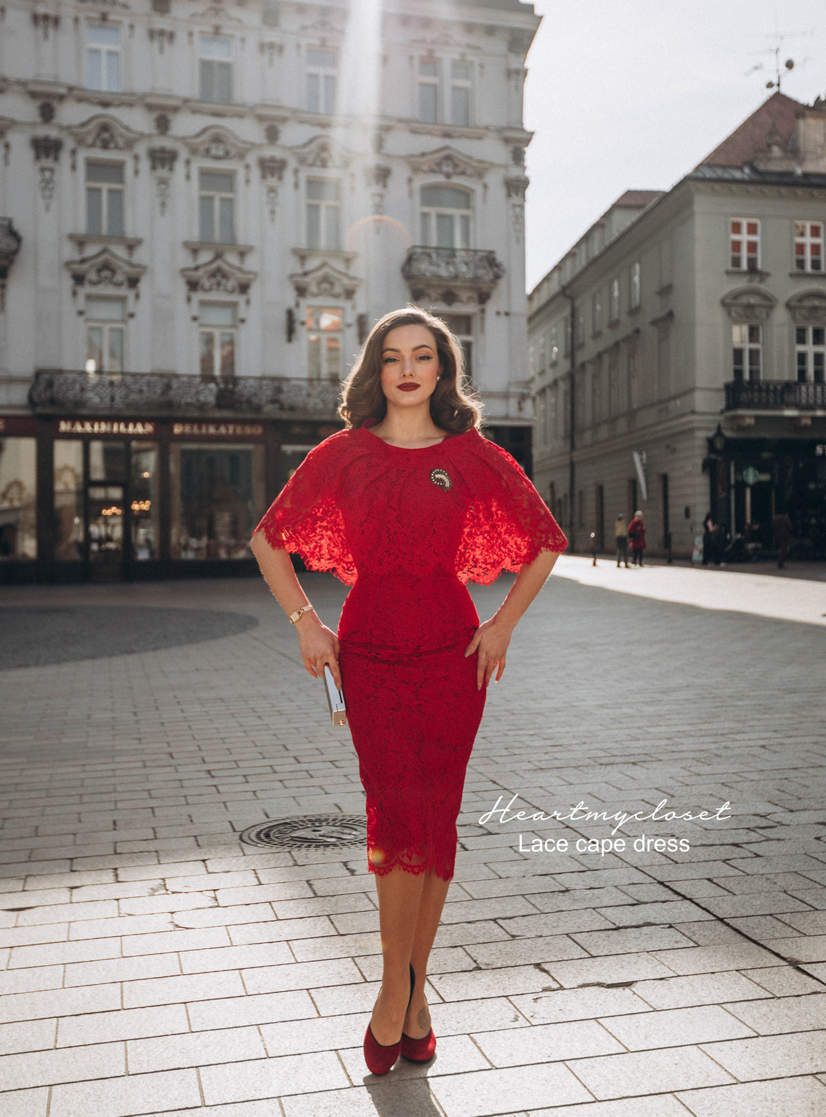 Red Lace Cape + dress - 50s 60s lace pencil dress with matching cape - heartmycloset