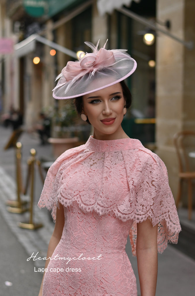 Pink Lace Cape + dress - 50s 60s lace pencil dress with matching cape