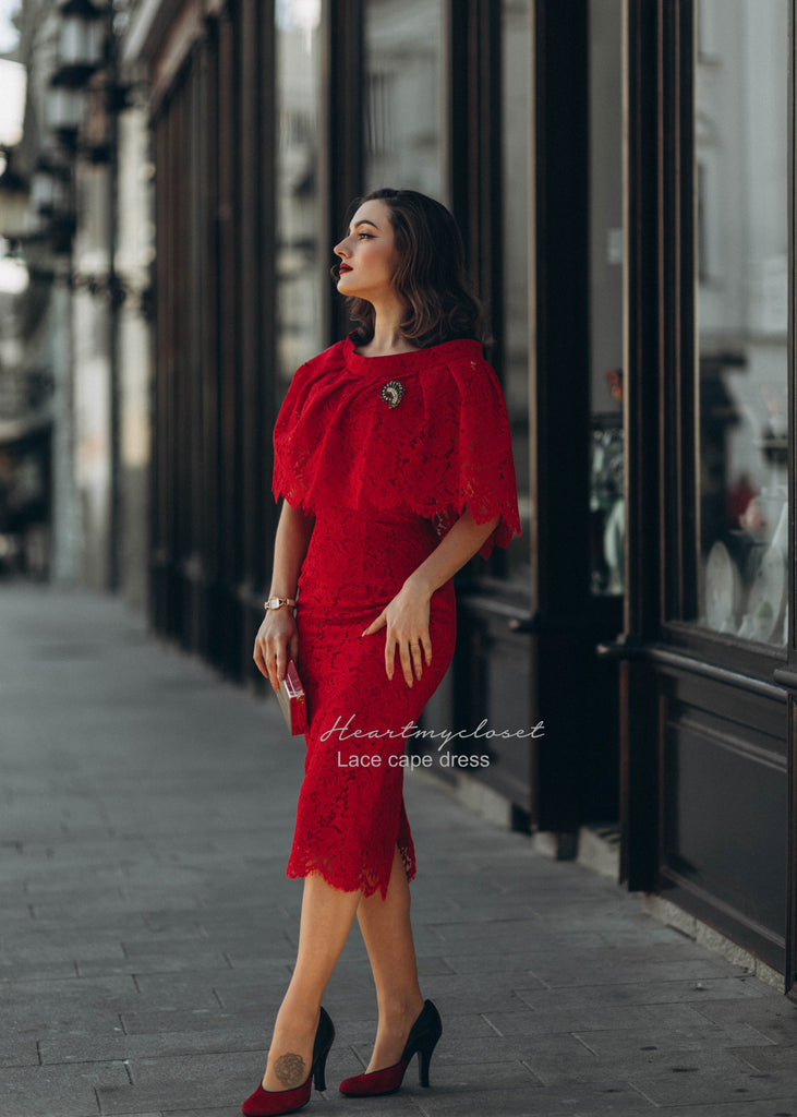 Red Lace Cape + dress - 50s 60s lace pencil dress with matching cape