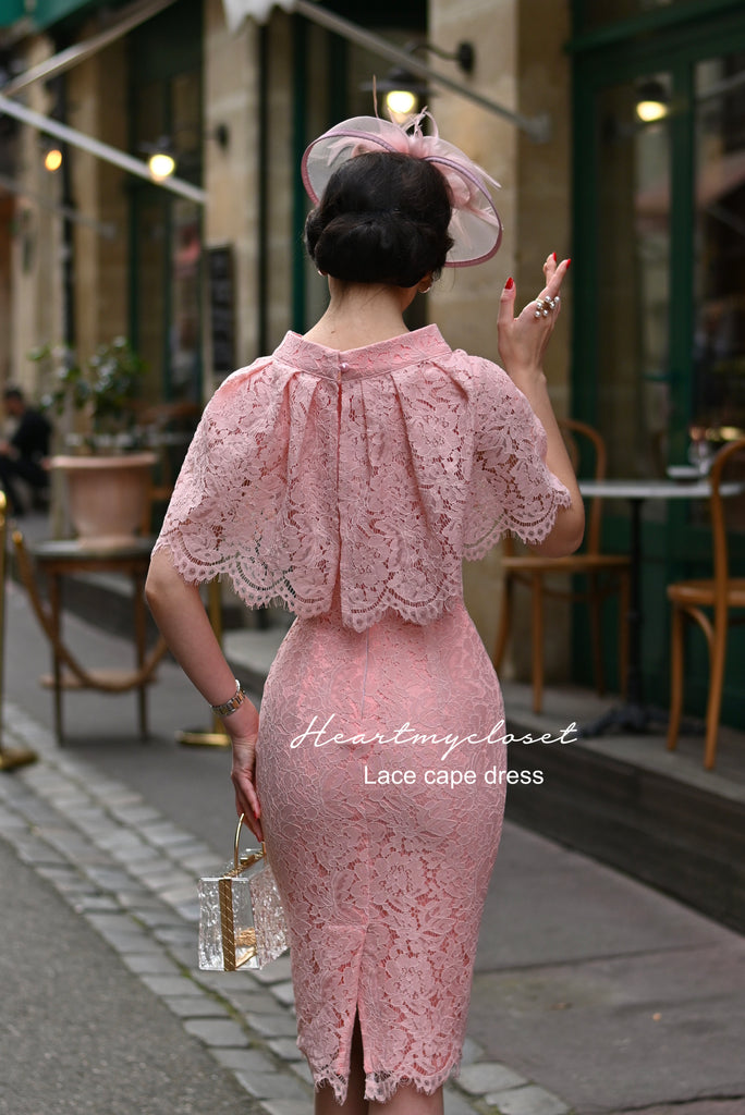Pink Lace Cape + dress - 50s 60s lace pencil dress with matching cape