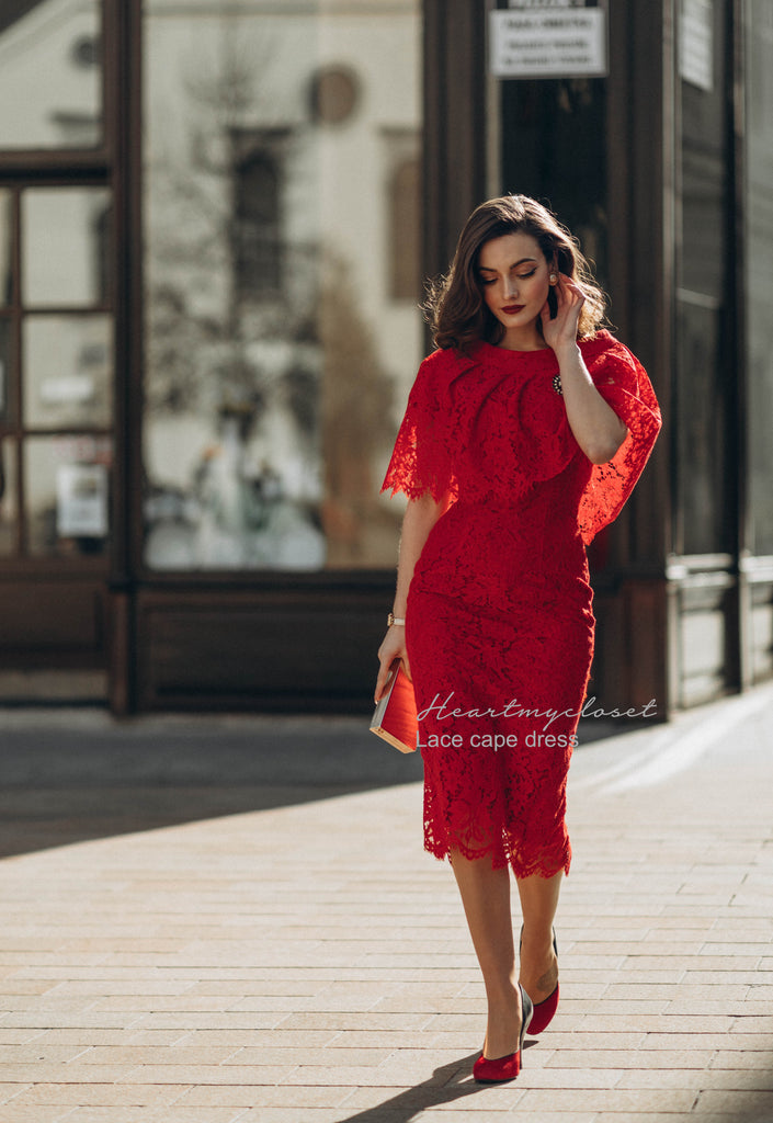 Red Lace Cape + dress - 50s 60s lace pencil dress with matching cape