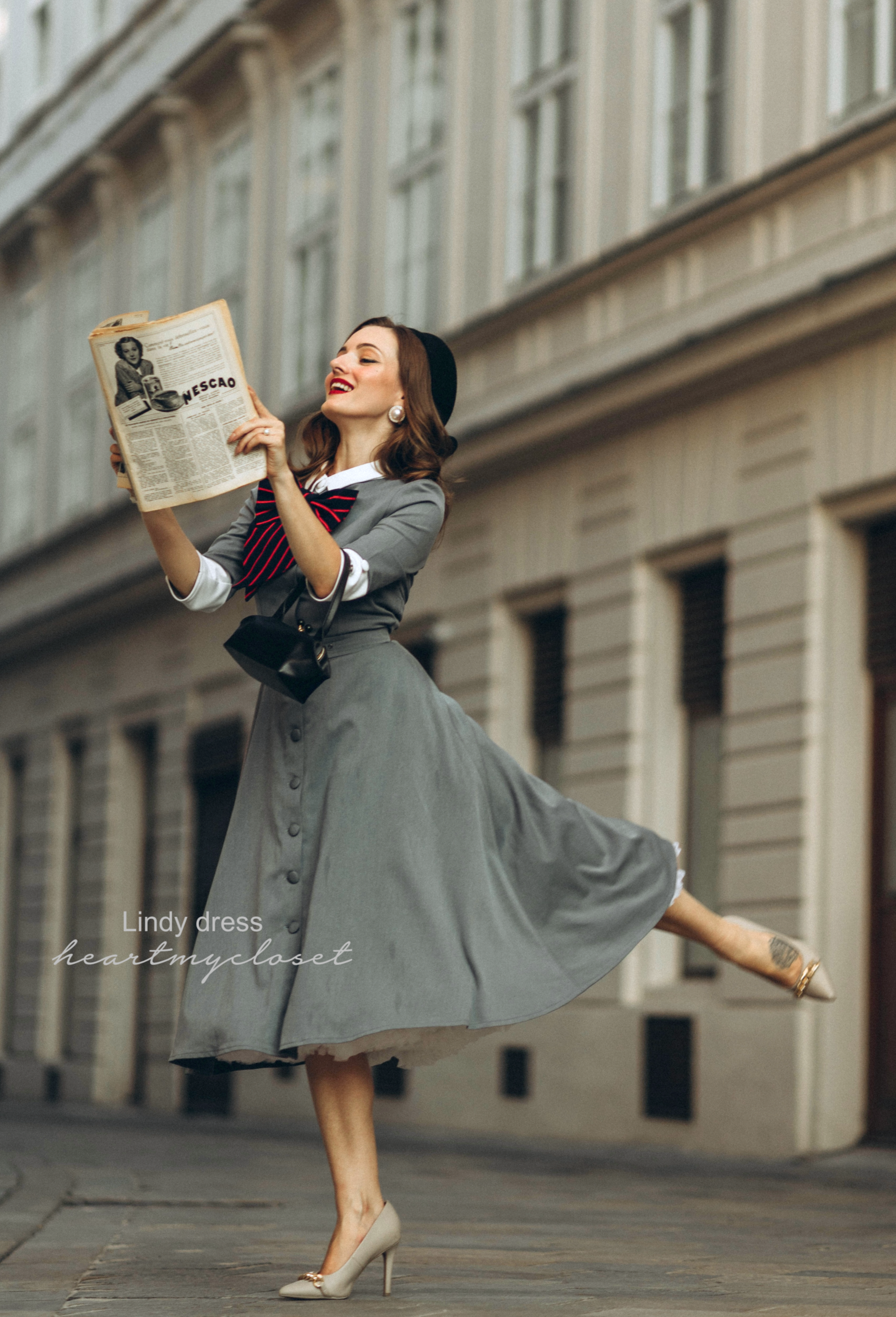 Grey Swing Vintage TV-Style Dress with Striped Bow l HeartMyCloset – heartmycloset