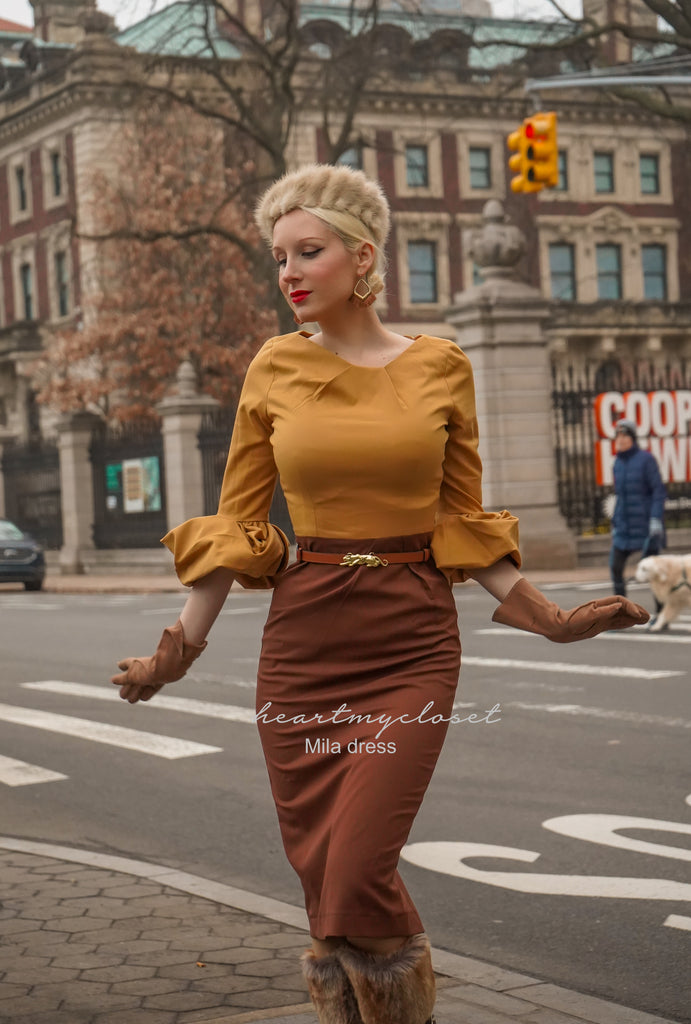 2 tone Mila - wiggle pencil dress with pleated puff sleeves