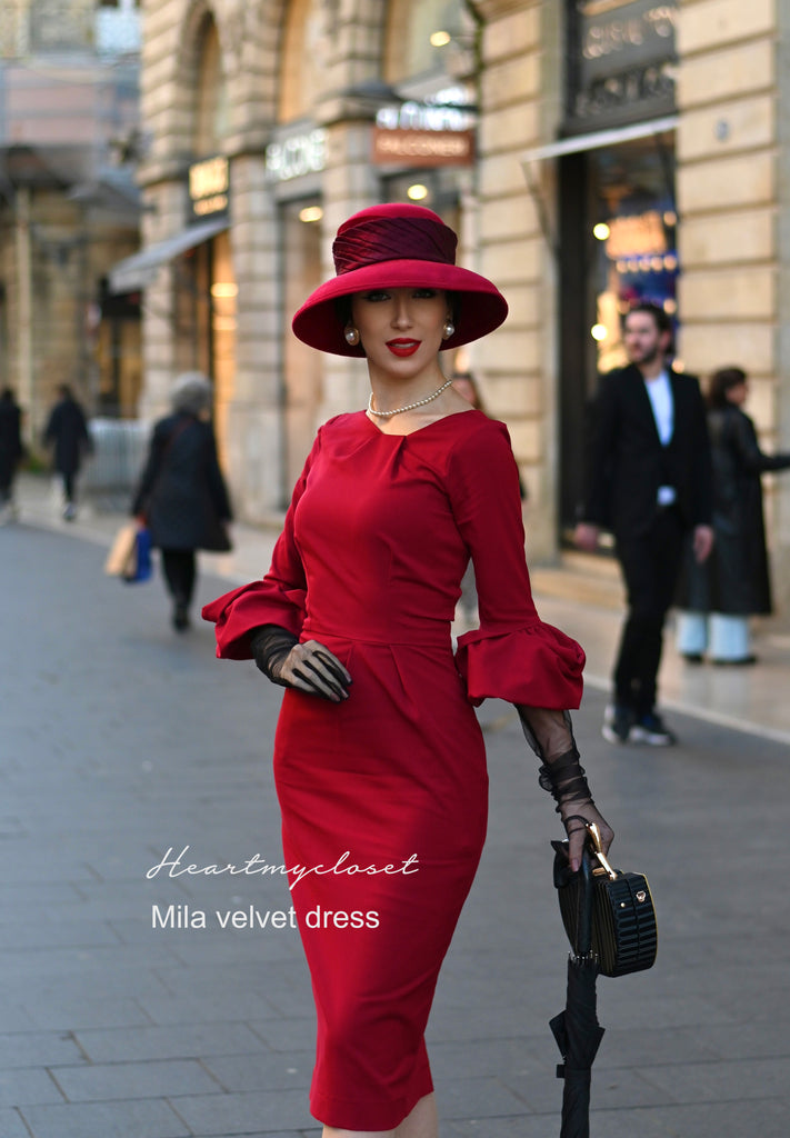 velvet Mila - wiggle pencil dress with pleated puff sleeves