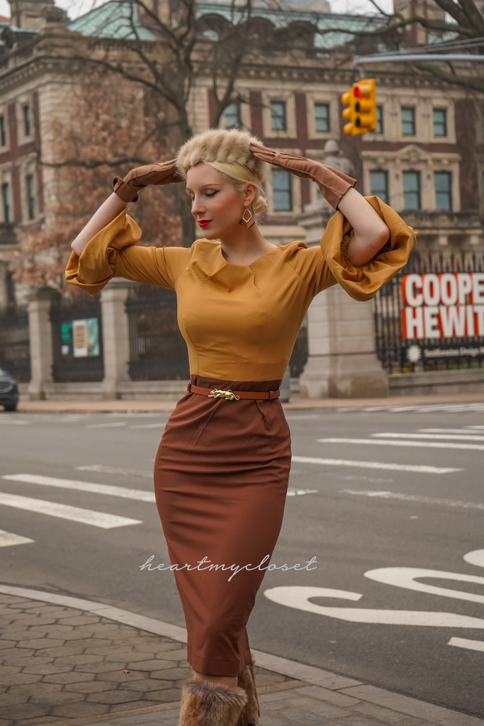 2 tone Mila - wiggle pencil dress with pleated puff sleeves