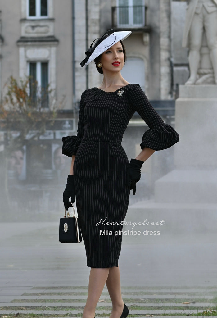 Mila pinstripe - wiggle pencil dress with pleated puff sleeves