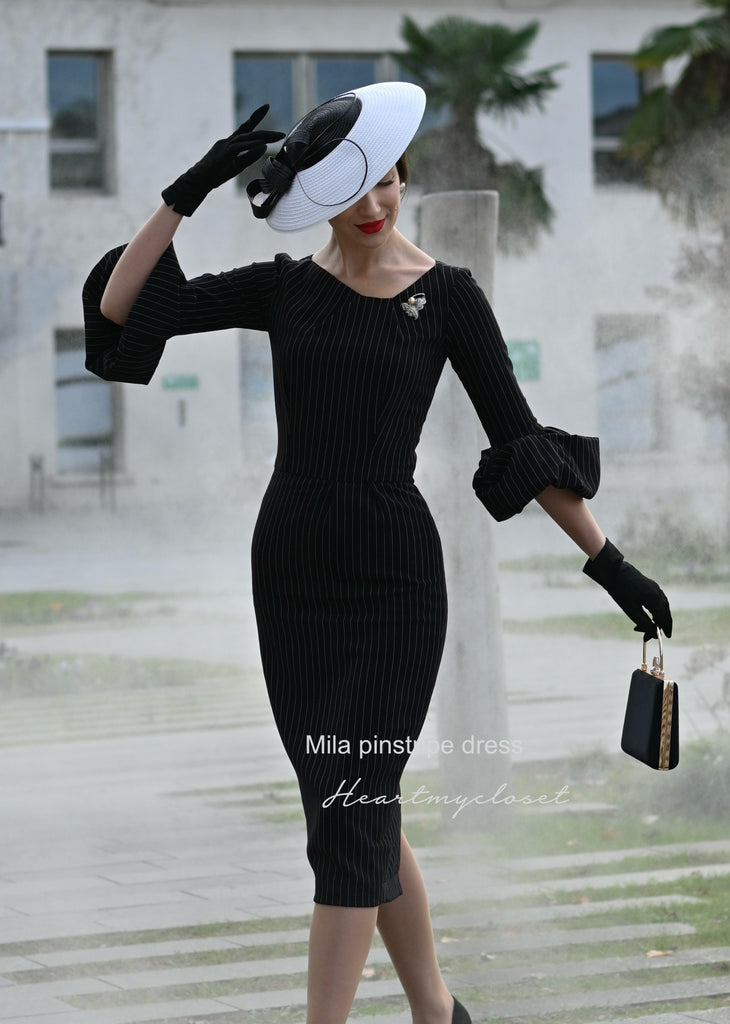 Mila pinstripe - wiggle pencil dress with pleated puff sleeves