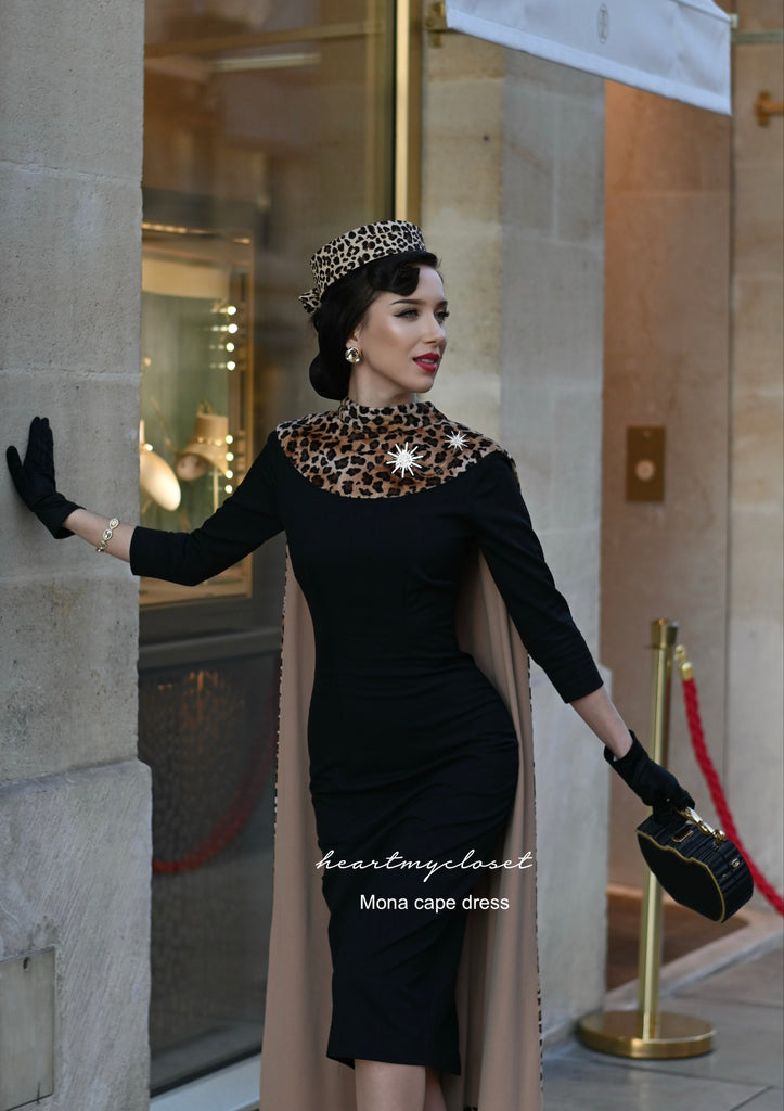 MONA leopard set, dress, cape and belt - retro vintage celebrity inspired