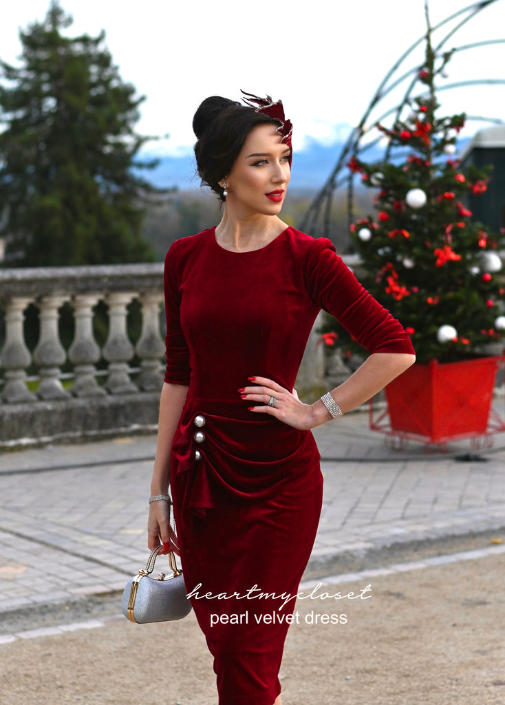 Pearl velvet pencil dress- vintage inspired dress